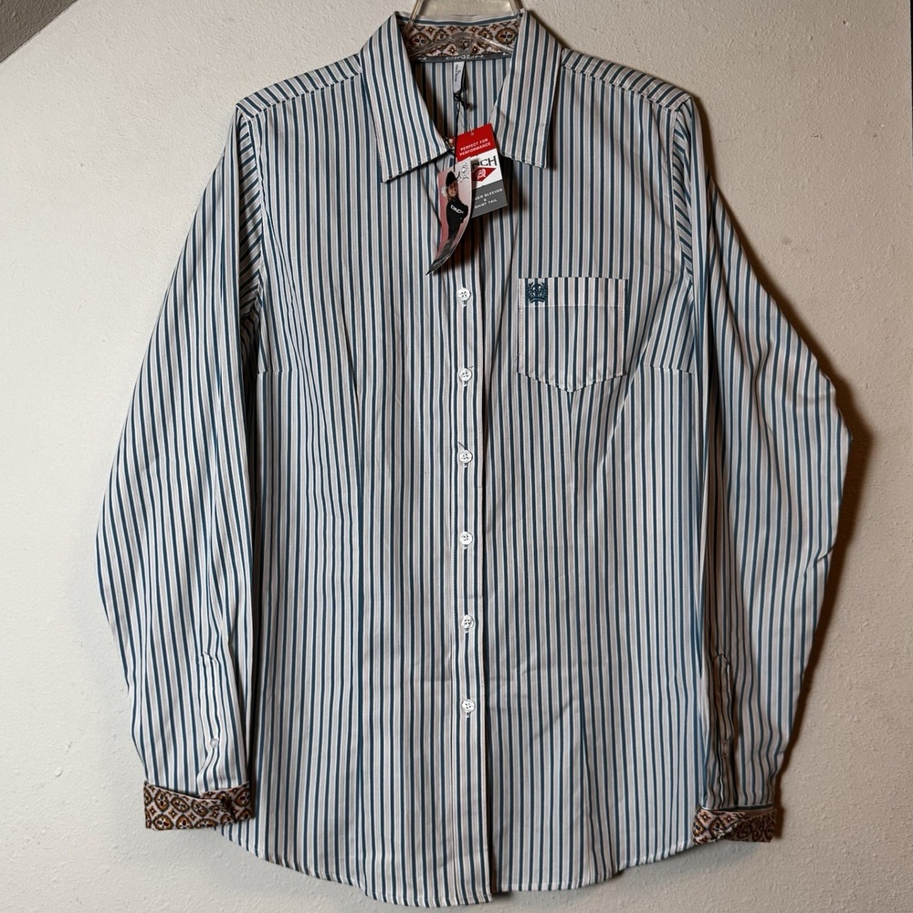 Cinch Women's XL Western Shirt NWT Blue Stripe Long Sleeve Cotton Contrast Cuffs